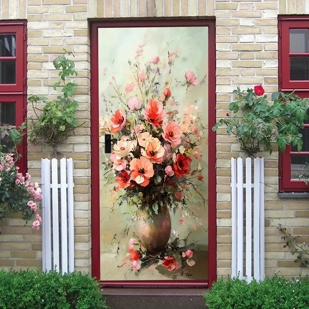 2pcs   European Retro Hand-painted Flower Wall Stickers Removable Self-adhesive Waterproof Murals for Living Room Bedroom Decorative Vase Floral Art Decals Home Wall Decoration Large Size Flower Patte