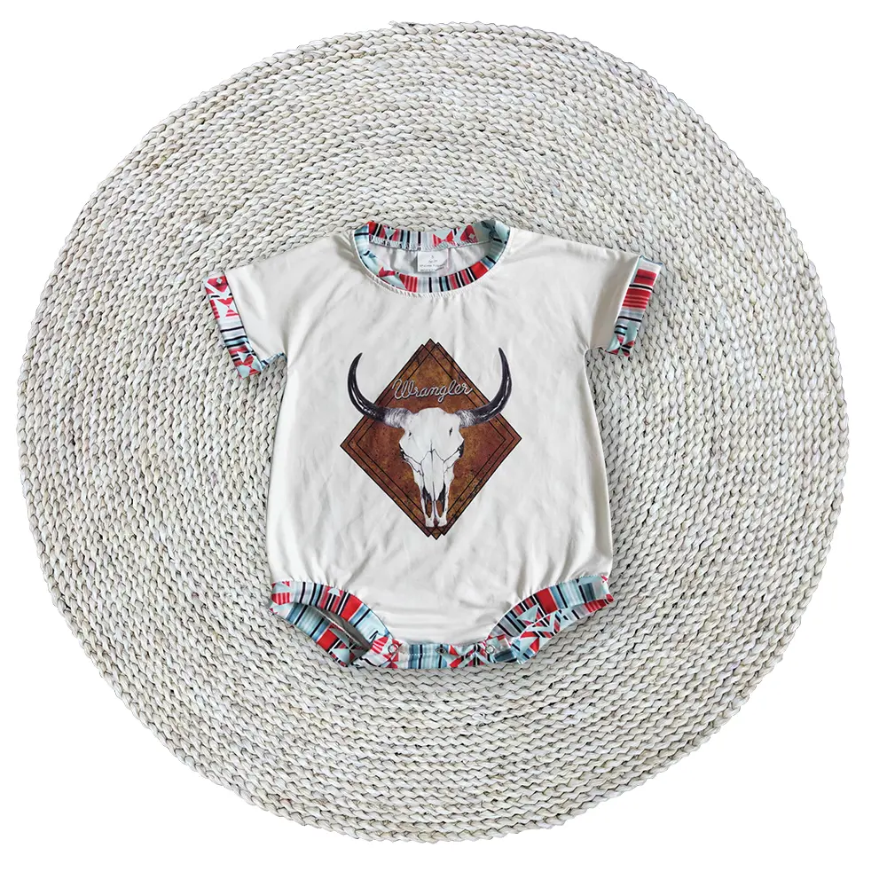 Infant Baby Boys Western Cow Soft Fabric Stretchy Round Neck Boutique Short Sleeve Bubble Rompers