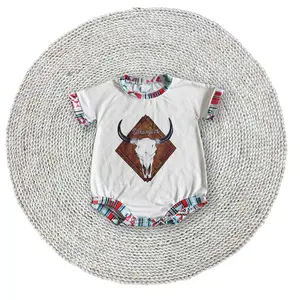 Infant Baby Boys Western Cow Soft Fabric Stretchy Round Neck Boutique Short Sleeve Bubble Rompers
