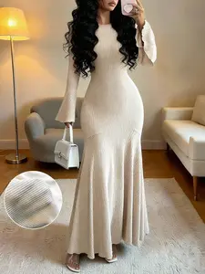 Women's Casual Solid Color Fitted Long Sleeve Dress, Comfortable Everyday Wear, Perfect for Shopping & Daily, Stylish Ladies' Clothing