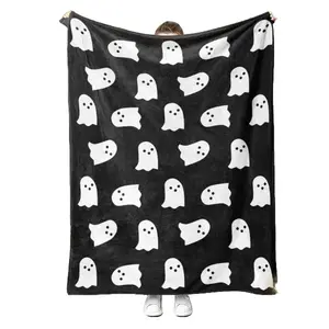Halloween Themed Ghost Pattern Soft Warm Throw Blanket Air - conditioned Room Home Office Travel Nap Blanket Decorative Cozy Blanket for Halloween Party