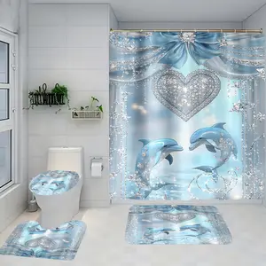 1/4 piece dolphin play design bathroom set, including soft floor mats, toilet seat cushions, shower curtains, creating elegant decoration for home decor. The floor mats rebound well, absorb water, prevent slipping, and are the first choice for gift giving