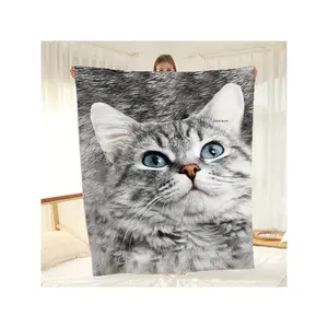 Cozy Soft 3D Realistic Blue-Eyed Grey Tabby Cat Printed Flannel Throw Blanket for Sofa Bed Home Decor