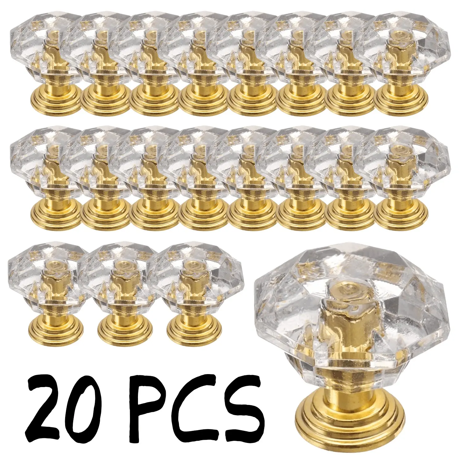 20 Mini Transparent Acrylic Drawer Pulls with Brushed Gold Base, Shatterproof Diamond-Cut Pulls with Screws, Cabinet Handles, Cabinet Knobs and Pulls for Kitchen, Bathroom, Bedroom Furniture Upgrades and Home Decor Accents, Door Hardware, Door Knob