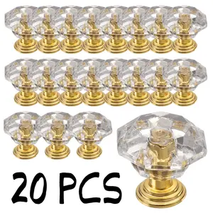 20 Mini Transparent Acrylic Drawer Pulls with Brushed Gold Base — Shatterproof Diamond-Cut Pulls with Screws, Elegant Cabinet Handles for Kitchen, Bathroom, Bedroom Furniture Upgrades and Home Decor Accents