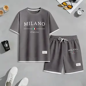 Men's Milan print drawstring shorts set for spring/summer, a casual summer outfit including a short-sleeved shirt and shorts, suitable for everyday wear and sports. A two-piece set for a relaxed and energetic lifestyle.