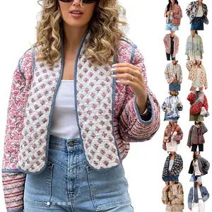 UANEO Women's Cropped Floral Quilted Jacket Cardigan Printed Lightweight Open Front Padded Puffer Coat-New Products