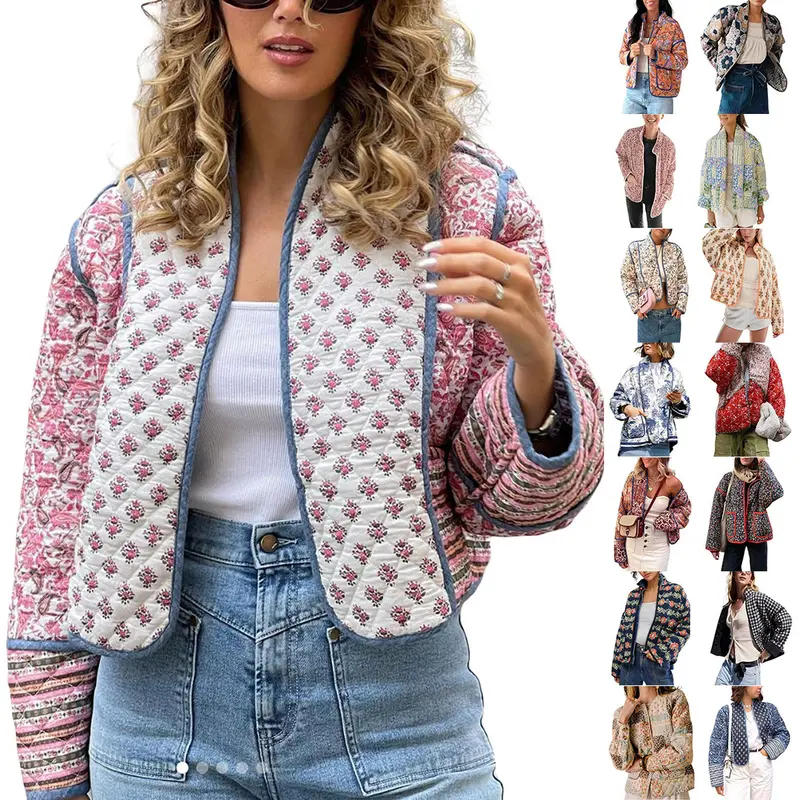 UANEO Women's Cropped Floral Quilted Jacket Cardigan Printed Lightweight Open Front Padded Puffer Coat-New Products