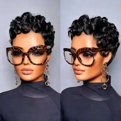 ShowRealHair Chioma Pixie Cut Wigs Pin Curl Pixie Cut Wig for Black Women Short Bomb Curly Wigs Brazilian Virgin Human Hair Short Pixie Cut Glueless Wigs