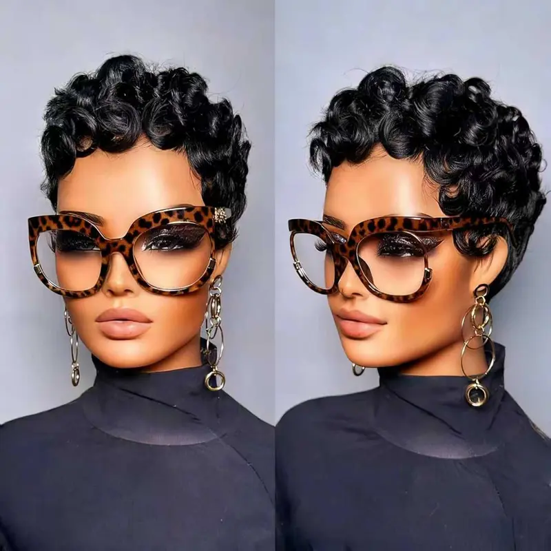 ShowRealHair Chioma Pixie Cut Wigs Pin Curl Pixie Cut Wig for Black Women Short Bomb Curly Wigs Brazilian Virgin Human Hair Short Pixie Cut Glueless Wigs