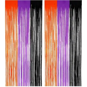 Orange  Black Tinsel Foil Fringe Curtains, Halloween Party Photo Backdrop Party Streamers for Birthday Party Decorations - 2 Pack (3.3 ft x 6.6 ft)