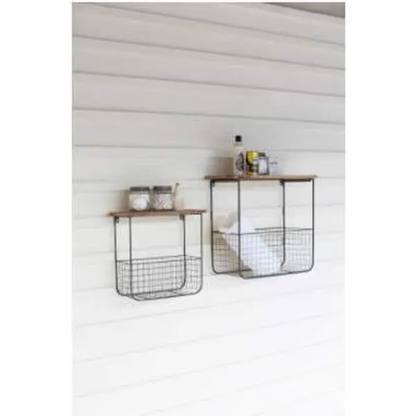 Set Of Two Wire Basket Shelves With Recycled Wood Tops
