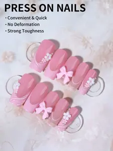 Medium Square Press On Nails 24pcs Pink French Tip 3D Flower Bow Cute Elegant Nail Kit for Daily Wear & Parties
