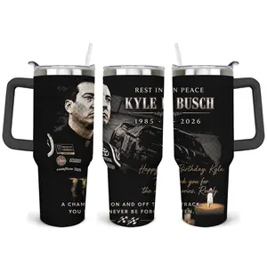 Kyle Busch Memorial Tumbler, 40oz Rest In Peace Rowdy Legend Travel Mug With Handle Straw, NASCAR Car No 18 Racing Champion Tribute Cup, Misfortune RIP Sympathy Condolence Fan Gift, Double Wall Insulated Stainless Steel