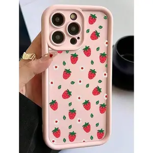 Apple Cute 1pc Strawberry & Ditsy Floral Pattern Pink TPU  Mobile Phone Case Suitable For IPhone17/IPhone17 Air/IPhone17 Pro/IPhone17 Pro Max/16 Pro Max/15 Pro Max/14 Pro Max/13 Pro Max/12 Pro Max/11 Pro Max Waterproof Anti-Fall Scratch Resistant