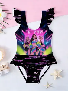 K-POP Cartoon Kids Girls One-Piece Swimsuit, Neon Stage Print Ruffle Beach Swimwear, Best Gift for Birthday & Back to School