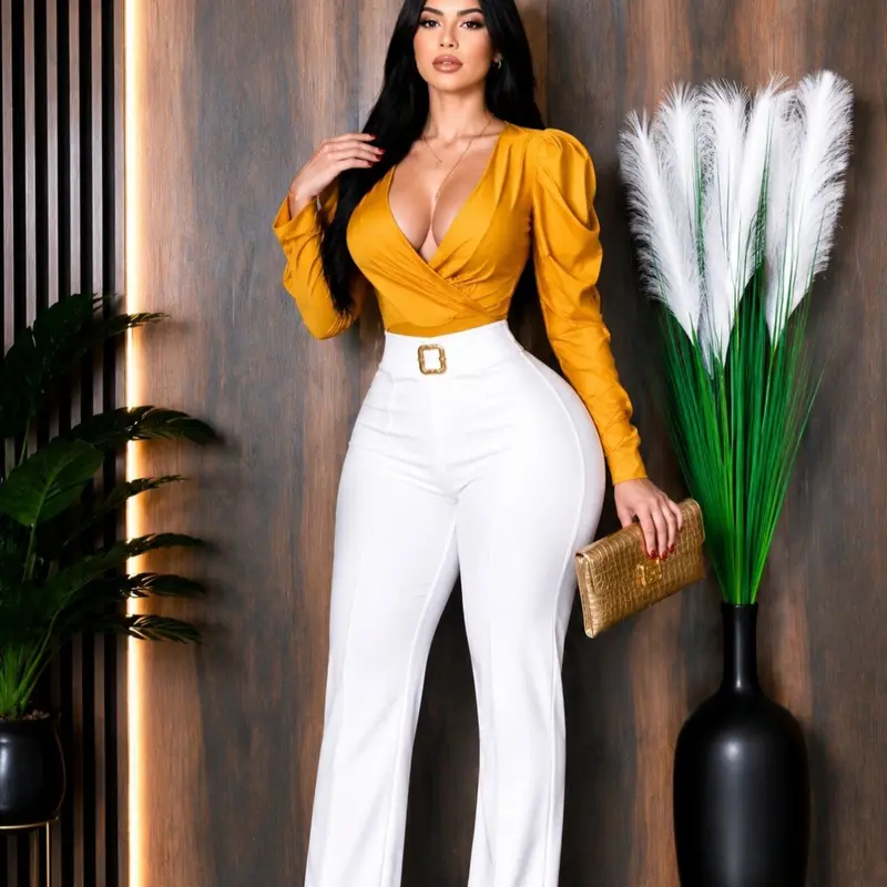 Hadassah Women's V-Neck Long Sleeve Chic Bodycon Bodysuit - Colombian Stretch Fabric Shapewear, Fitted for Everyday Use, Watch Party