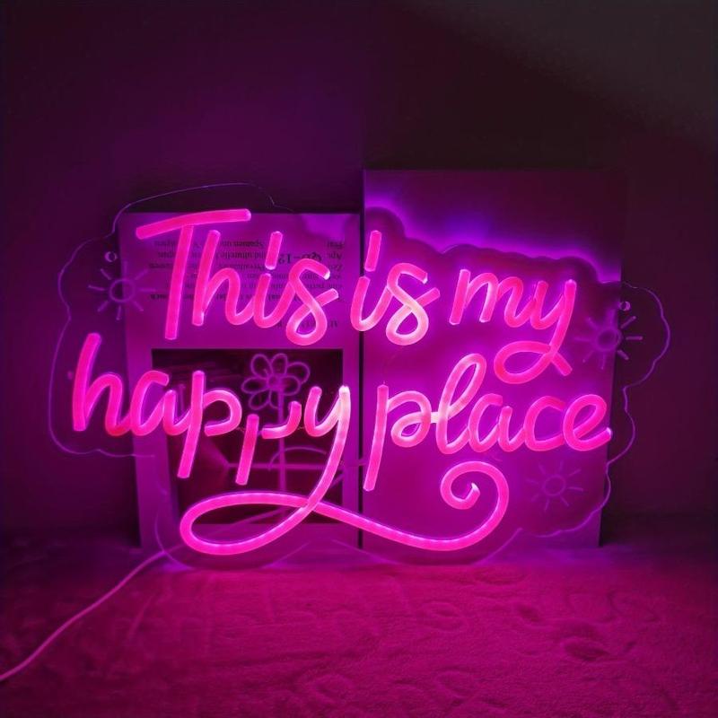This is my happy place pink neon sign usb powered dimmable LED light sign, dimmable switch, birthday, christmas, thanksgiving, new year, housewarming gifts, family gathering, bar, game room, man cave, bedroom wall decoration