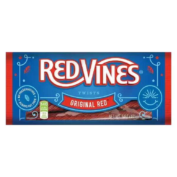 Red Vines Original Chewy Red Licorice Twists, Classic Low Sodium Kosher Sweet Snack Candies, Ambient Cupboard Treat (5oz Tray)