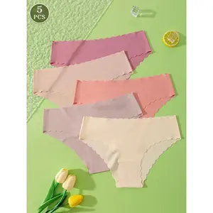 5 Piece Women's Seamless Wave-Edged Underwear Set, Comfortable Breathable Elastic Smooth Triangle Panties, Everyday Wear for All Seasons
