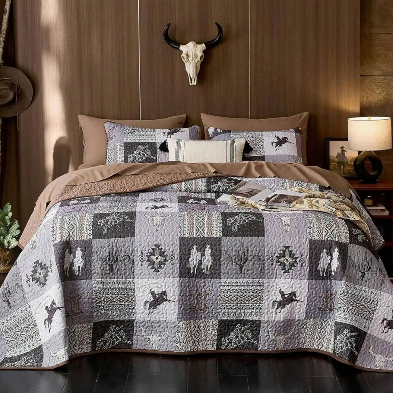 Rustic Horse Quilt Set Southwestern Cowboy Ranch Pattern Reversible Lightweight Bedspread Coverlet 3 Pieces Gray Brown Twin Twin Xl