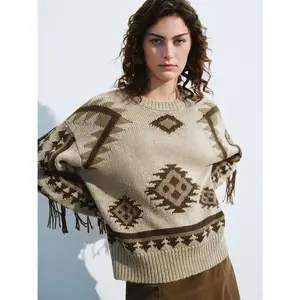 URBAN REVIVO Women's Chic Preppy Knitwear Cardigan - Rhinestone-Embellished, Acrylic-Wool Mix Fabric, Round Neck, Geometric, Long-Sleeve, 2026 Spring Casual All-Season Top, UWH950013
