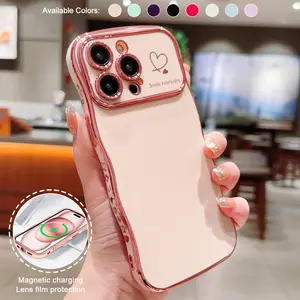 Cute Wave Shape Soft Case for iPhone 16/15/14/13/12/11 Pro Max with Love Heart Raised Camera Protection TPU Phone Case Accessories Durable Silicone Shiny Silicone Shiny Wavy Wireless