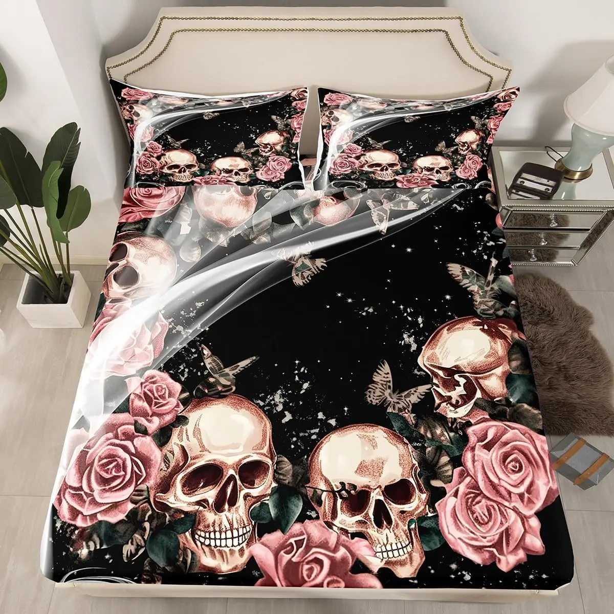 Feelyou Gothic Skull Queen Size Luxury Microfiber Sheet Set - 3D Printed Horror Skeleton Theme Retro Vintage Bedding, Elastic Fit Fitted Sheets for Any Room Bedroom Decor