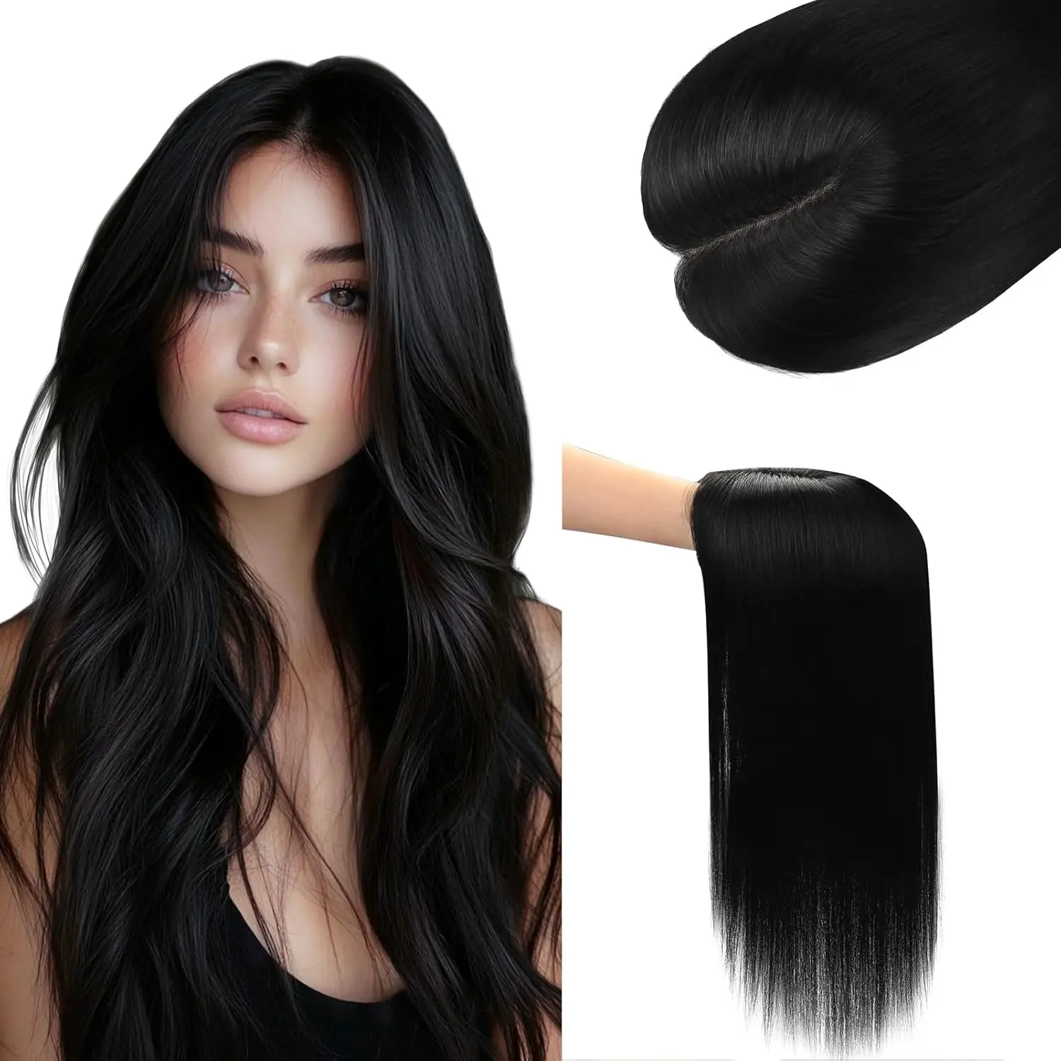Human Hair Topper No Bangs, Real Clip in Hair Hairpieces for Women, 2.7x4" Silk Base for Thinning Receding High Hairline, 10/12 Inch Black Side Part