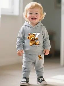 Newborn Baby Boy Hoodie Set, Long Sleeve Cartoon Crown Letter Print, Casual Fitted All Seasons, Thin Kint Fabric