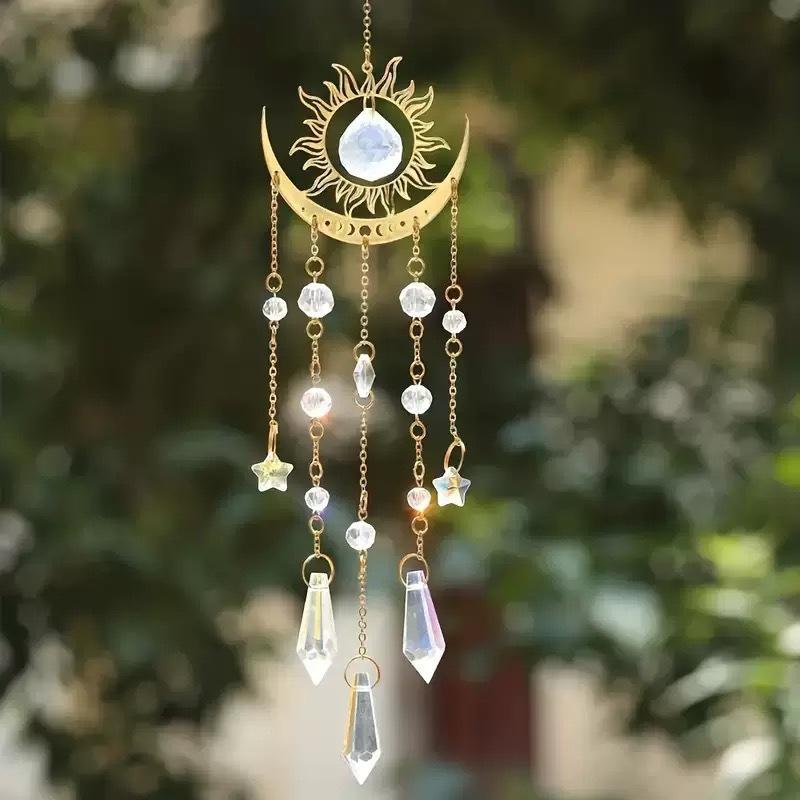 Sun Moon Crystal Suncatcher with Star Charms - Iridescent Glass Prism Rainbow Light Pendant, Long Chain Window Decoration for Indoor Boho Wall-Hanging Home Aesthetic Decoration
