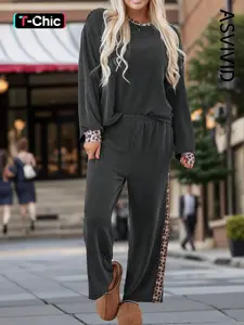 Women's Casual Twisted Ribbed Texture Stretchy Leopard Patchwork Detail Round Neck Long Sleeve Top and Pocket Pants Two-Piece Set, High Waist Fitted Spring & Fall