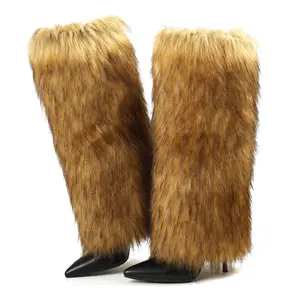 CELNEPHO Faux Fur Knee High Boots for Women Pointed Toe Stiletto Heel Hidden Side Zipper Tall Fuzzy Boot Fold Over Booties Easy Pull on Gift Party Wedding Warm Dress Shoes