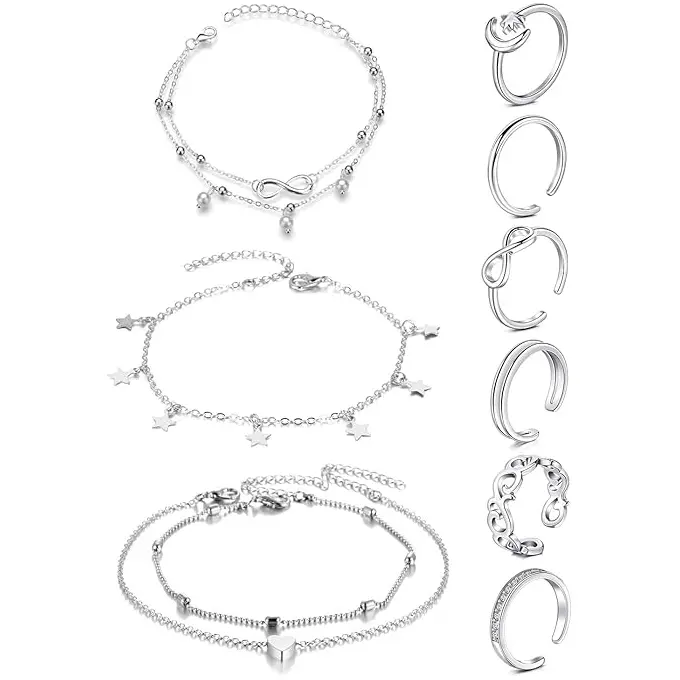 Toe Rings for Women Adjustable Open Toe Rings with Anklet Set CZ Flower Toes Ring for Summer Beach Foot Jewelry