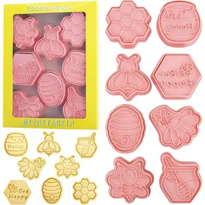 8 Pcs Cookie Cutters with Cookie Stamps Honeycomb Fondant Cheese Baking Molds for Honey Bees Party Decoration