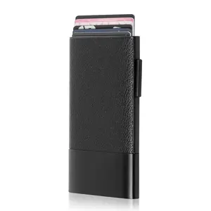 Minimalist Sliding Men's Metal Wallets - Pop Up Card Wallet with Leather &  Construction - Quick & Secure Card Access - Trigger Wallets Men - Black