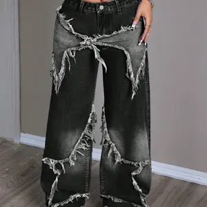 Women's Elegant Fitted Woven Denim Jeans, Straight-Leg Wide Leg Pants, Fashionable Patchwork Fringe Design, All Seasons Wear