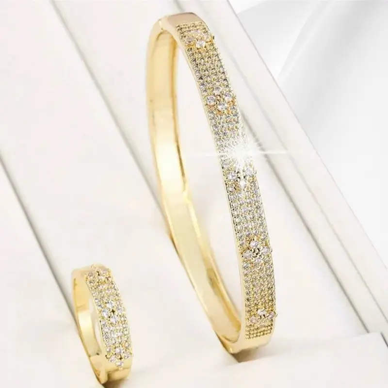 Elegant Bangle and Ring Set in Gold Color with Sparkling Stones for a Chic Look