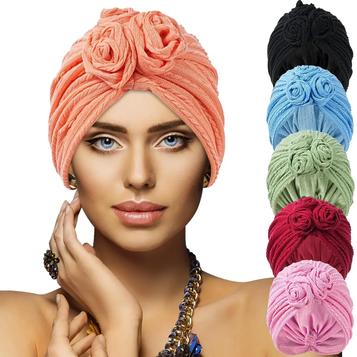 Women's Casual Solid Color Turban Hats - Polyester-Spandex Pre-Tied Vintage Bonnet Head Wraps with Classic Rose Knot, One Size Fits Most Adults for Everyday Wear All Seasons