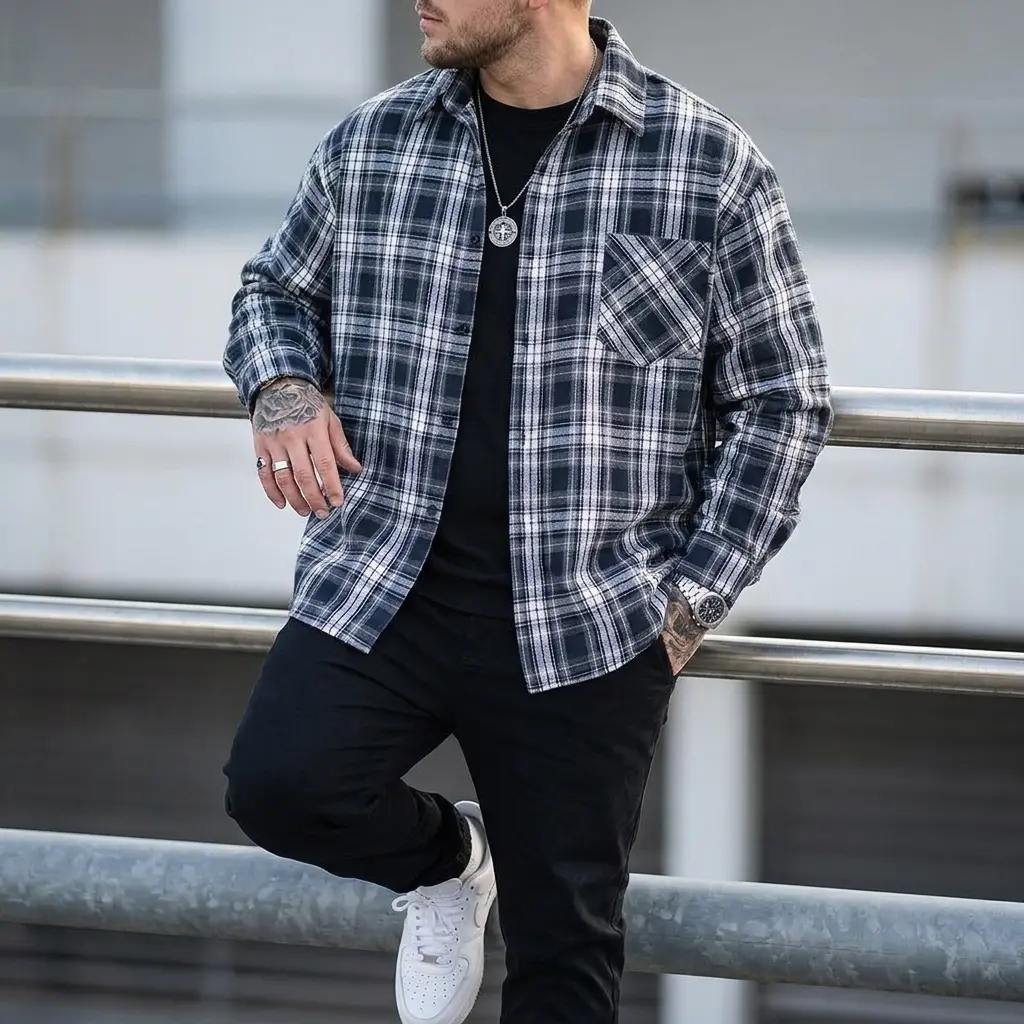 Men's Retro Checkered Short Sleeve Shirt - Oversized Soft Breathable Casual Button-Down for Streetwear  Retro checkered shirt, Streetwear menswear, Oversized summer shirt, Plaid button up men, Casual outfits men Fabric Day
