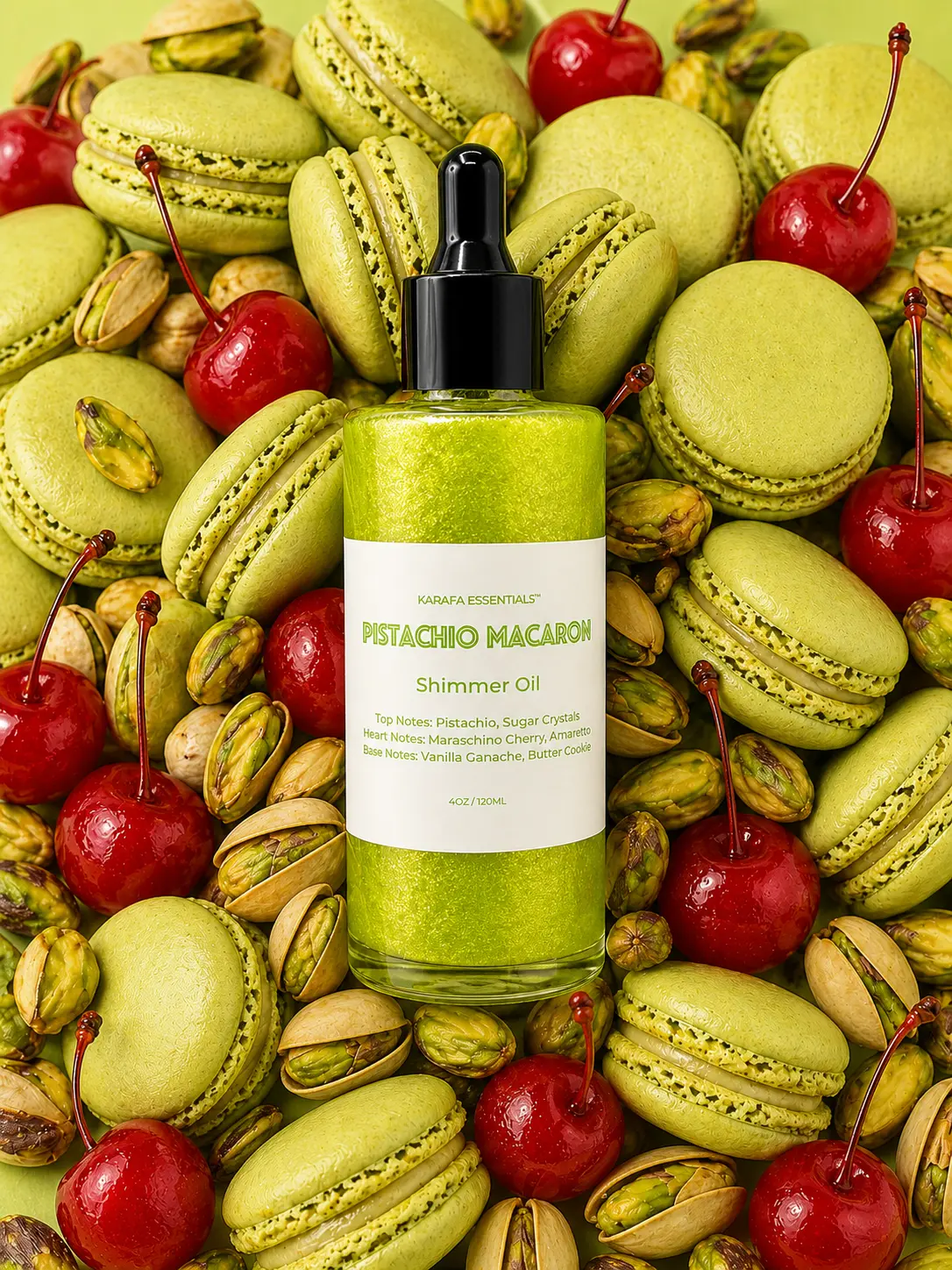Pistachio Macaron Moisturizing Body Oil Pistachio, Sugar Crystals, Maraschino Cherry, Amaretto, Vanilla Ganache, Butter Cookie by Karafa Essentials
