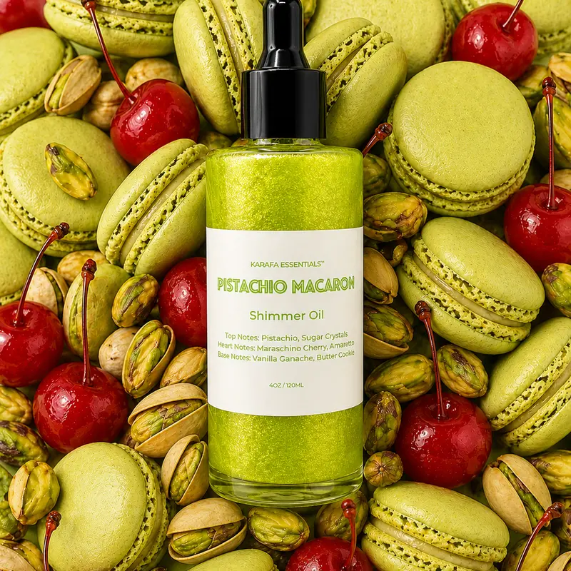 Pistachio Macaron Moisturizing Body Oil Pistachio, Sugar Crystals, Maraschino Cherry, Amaretto, Vanilla Ganache, Butter Cookie by Karafa Essentials