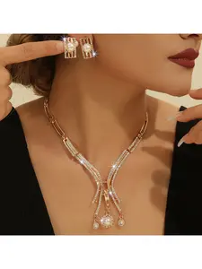 Luxury V-Shaped Pearl Bridal Jewelry Set, Gold Plated Necklace Earring, Formal Statement Rhinestone Jewelry for Women, Wedding Prom Dinner Party, Premium Gift for Her Bridesmaid Anniversary