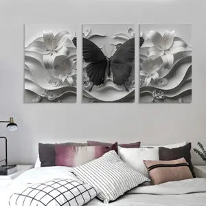 3-Piece Modern Canvas Wall Art Set-Black Butterfly & White Floral Sculptures - Wrapped Canvas Wrapped Canvass & Prints for Living Room, Home Office, Classroom - Indoor Decor, Transverse Orientation, Art Print-Wrapped Canvas Gift Hanging Artistic Ornaments