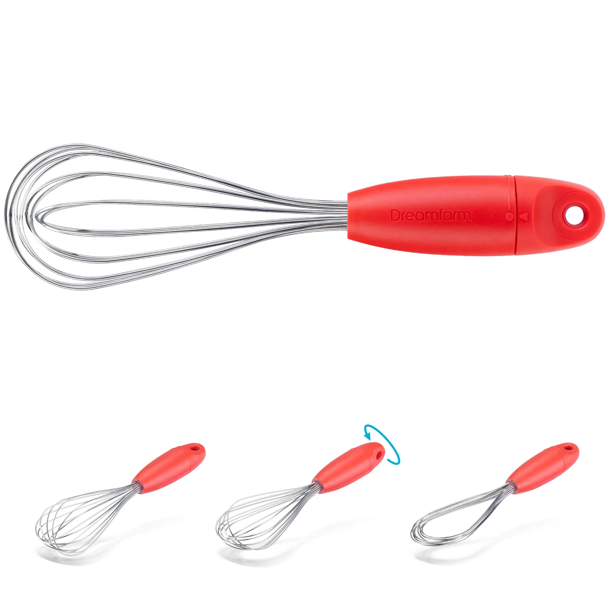 Dreamfarm Mini Flisk 3-in-1 Fold-Flat, Space-Saving Baking & Cooking Balloon Whisk, Sauce Whisk & Flat Deglazing Whisk, Stainless Steel - 9" Red