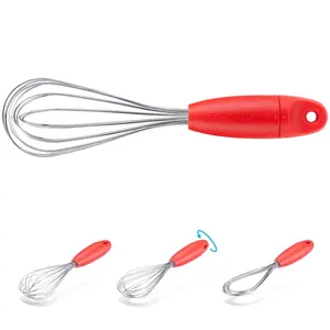 Dreamfarm Mini Flisk 3-in-1 Fold-Flat, Space-Saving Baking & Cooking Balloon Whisk, Sauce Whisk & Flat Deglazing Whisk, Stainless Steel - 9" Red