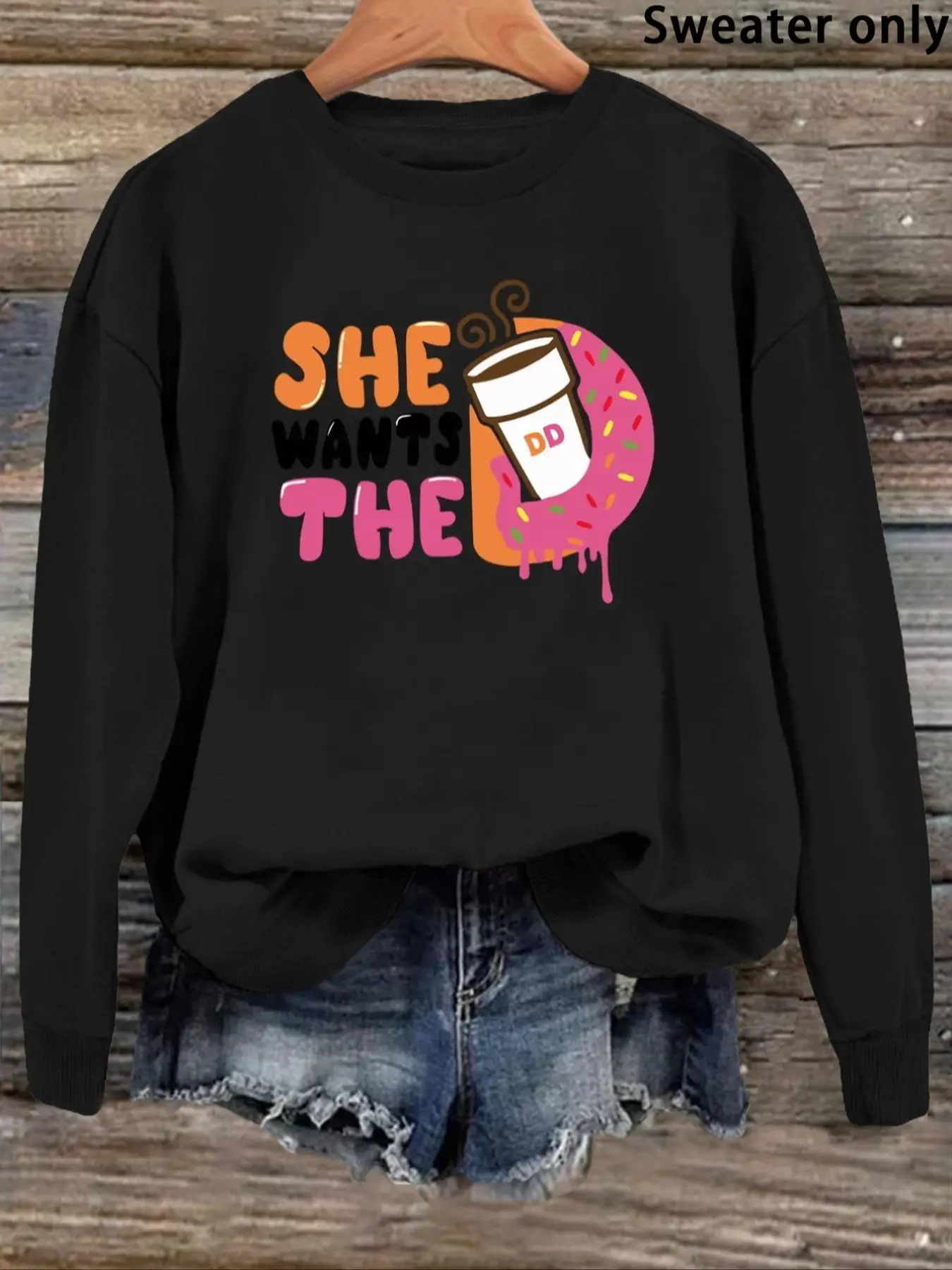 Women's Letter & Donuts Print Drop Shoulder Sweatshirt, Casual Long Sleeve Round Neck Pullover for Fall & Winter, Ladies Clothes for Daily Wear