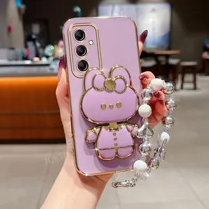 A36 Impact Resistant Plating Pearl Wrist Strap Lanyard Phone Holder Protective Case For Compatible With Samsung Galaxy A36 5G Smartphone Colorful Plating Make up Mirror Rabbit Stand Cover