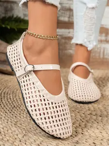 Adjustable buckle Mary Jane flats, solid hollow woven design, comfy versatile multi-scene shoes