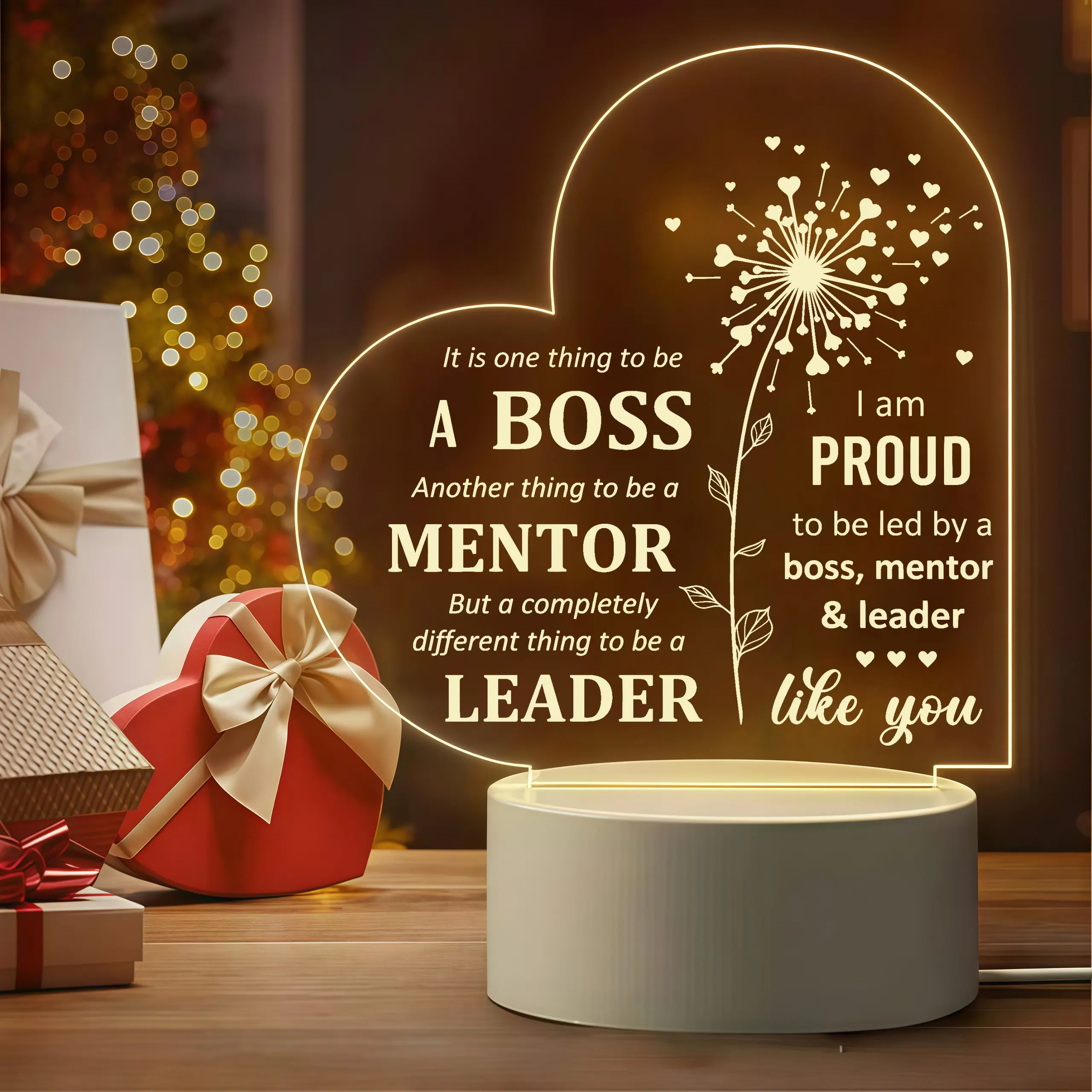 Heart Shaped Acrylic LED Night Light, Dandelion Boss Mentor Leader Quote Table Lamp, Appreciation Thank You Gift for Manager Supervisor, Halloween Thanksgiving Christmas Office Warm Desk Lighting